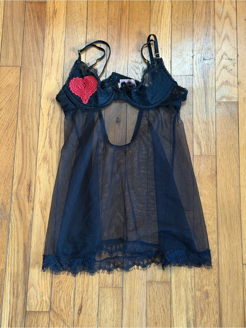 Victoria's Secret Sheer Black Lace Chemise with Red Heart Detail
